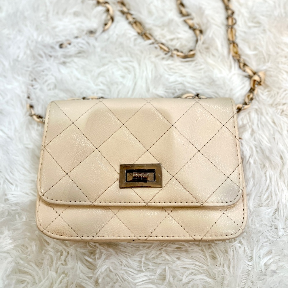 Beige Small Off Shoulder Clutch / Bag / Purse With Silver Strap / Hardware